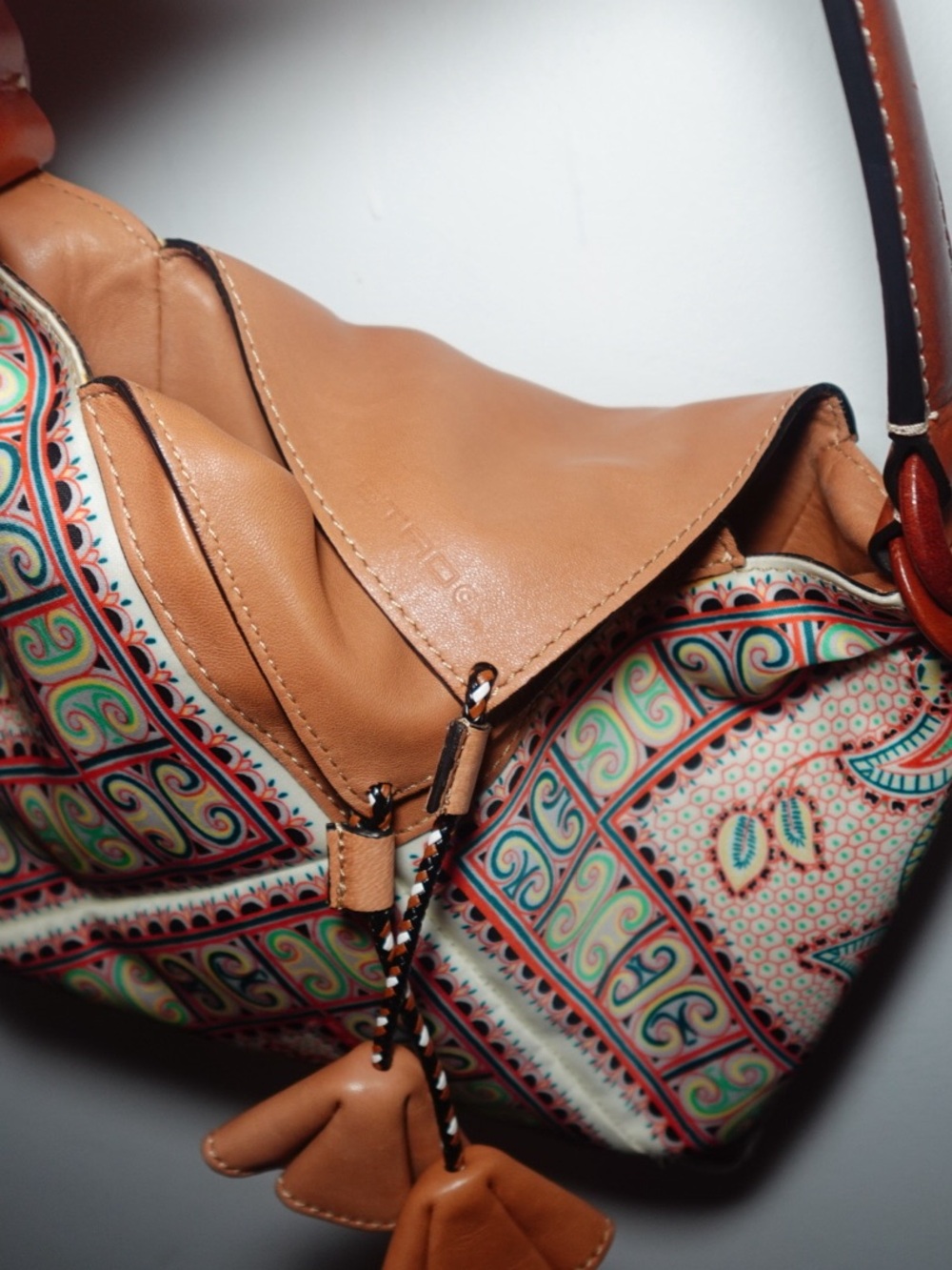 Etro Tan Leather Hobo with Multicolor Paisley Print